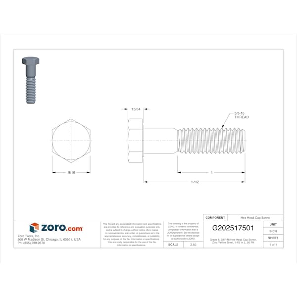 Grade 8, 3/8-16 Hex Head Cap Screw, Zinc Yellow Steel, 1-1/2 In L, 50 PK